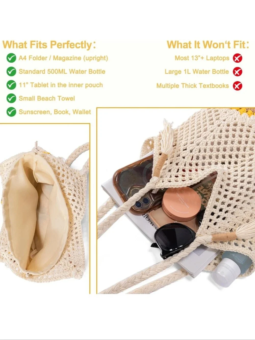 Cream Crochet Sunflower Tote Bag with Tassel Straps